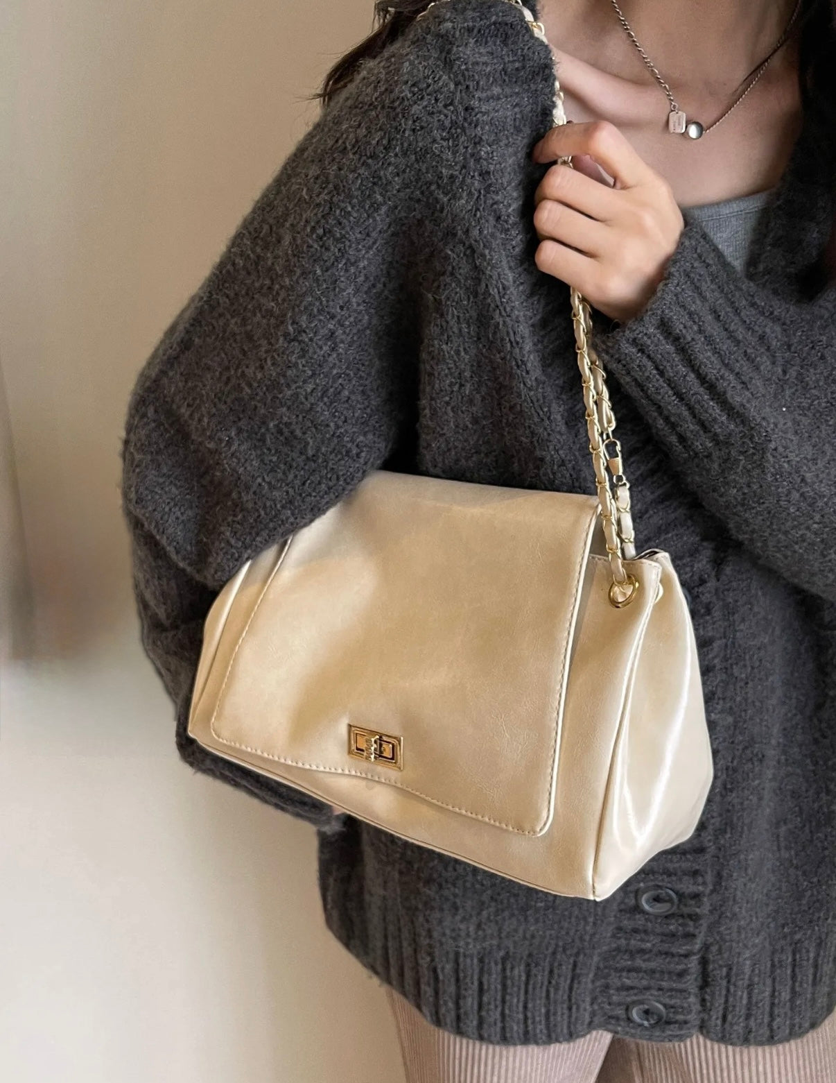 Beige Luxury Shoulder Bag with Gold Chain